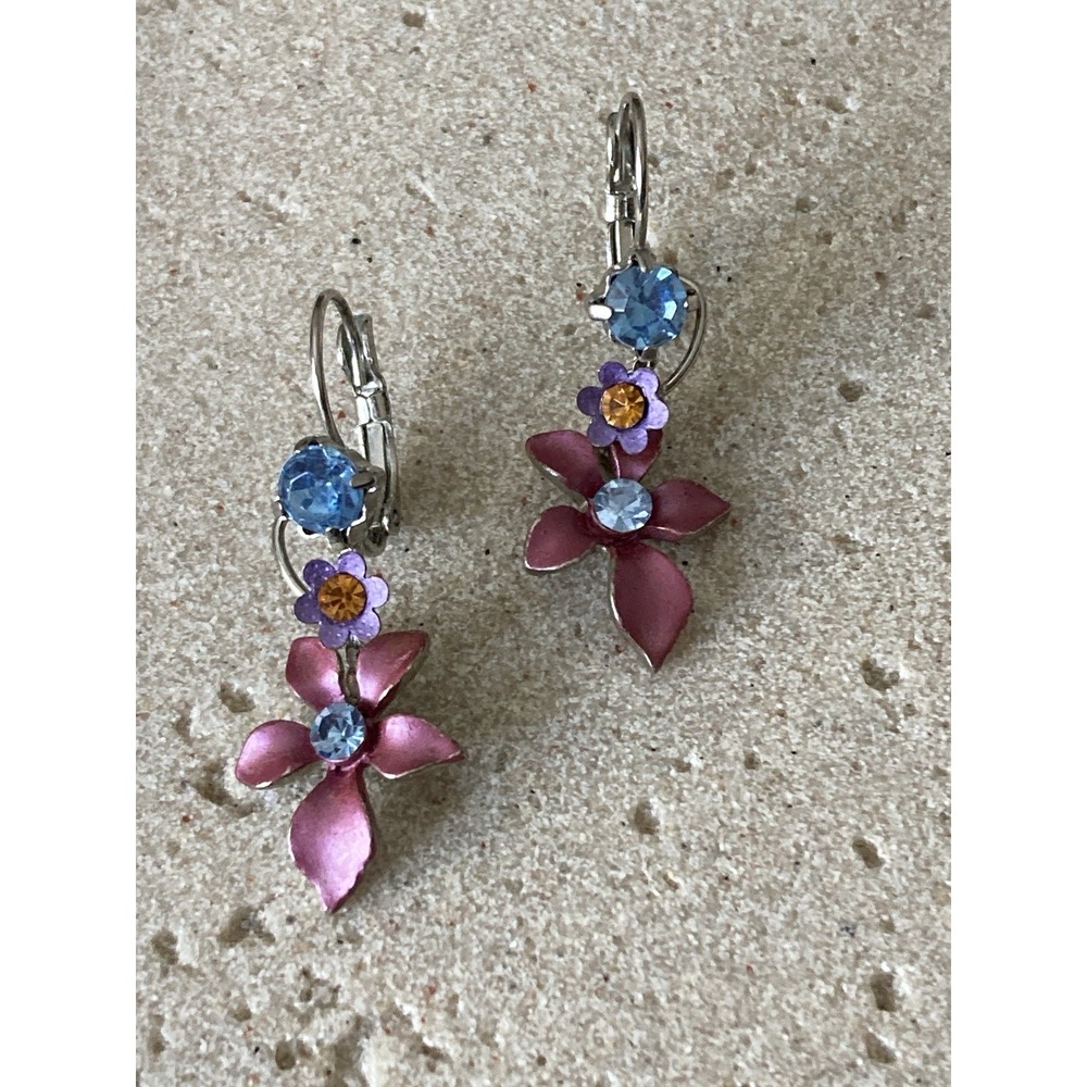 Romantic Rhinestone Flower Dangle Earrings Silver Tone Pink Purple Whimsical